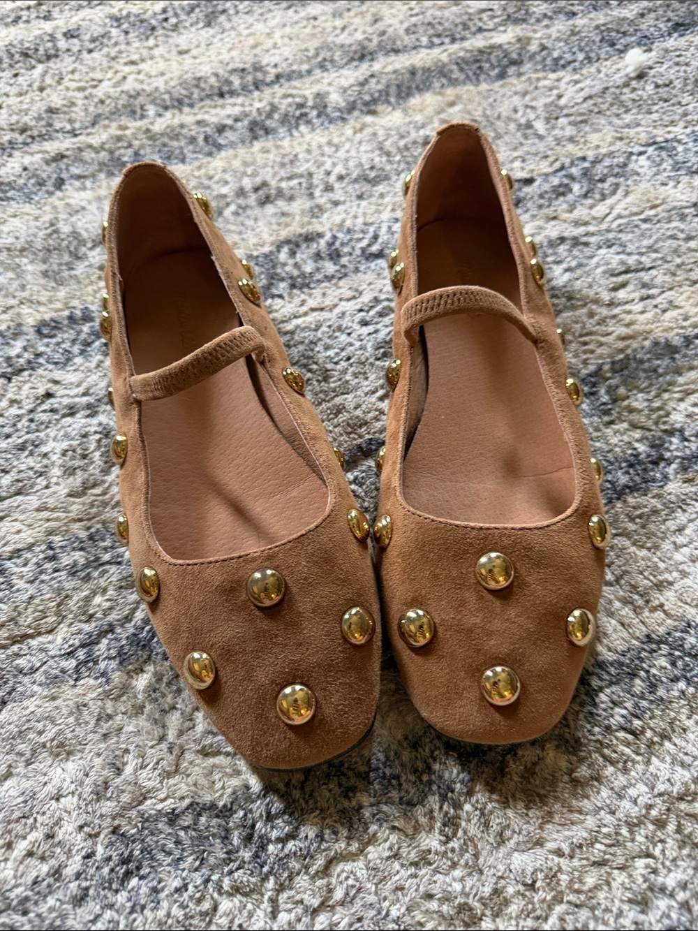 Madewell Tan Suede Mary Jane Flats with Gold Studs